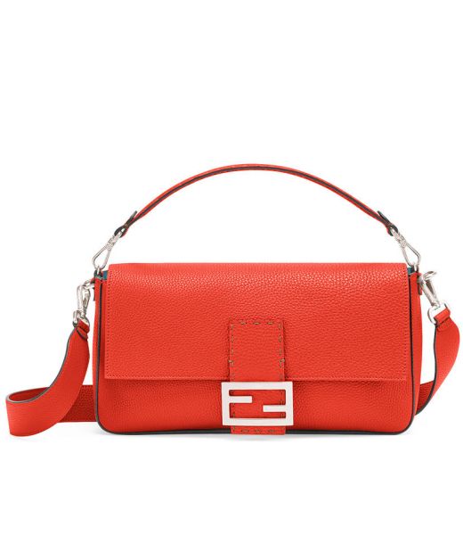Best Quality Red Romano Leather Silver Rectangular Magnetic Flap Baguette—Replica Fendi Large Handbag For Ladies