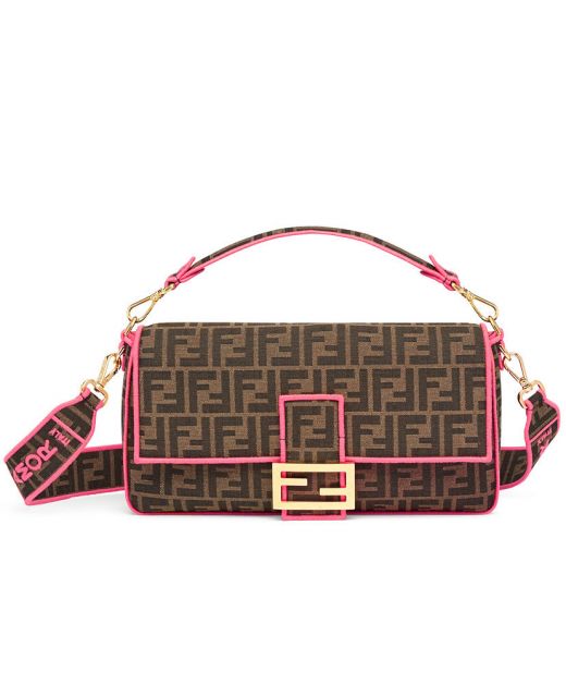 Faux Fendi Baguette Pink Embroidered Letter Trim Brown FF Canvas Baguette— Replica Fendi Flap Handbag