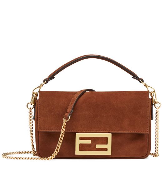 Cheapest Brown Suede Gold Plated Hardware Rectangular Magnetic Flap Baguette—Faux Fendi Women'S Mini Chain Bag