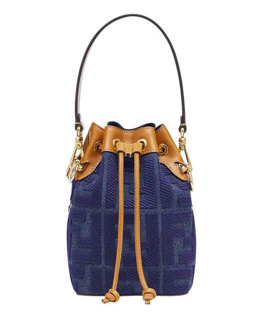 High End Blue Canvas Embroidered FF Pattern Top Brown Leather Drawstring Closure Mon Tresor—Replica Fendi Bucket Bag