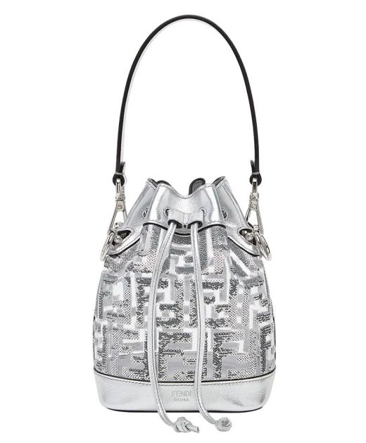 Replica Fendi Mon Tresor PVC Material Silver Sequined FF Embroidered Leather Trim Drawstring Closure Women'S Bucket Bag