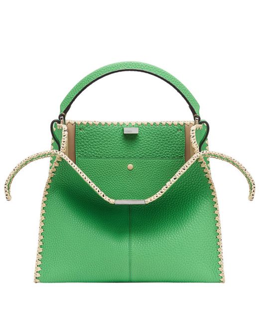 Faux Fendi Peekaboo X-lite Green Romano Grain Leather Silver Twist Lock Beige Woven Trim Elegant Ladies Bag 