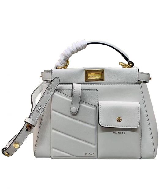 Mini Flap Pocket Gold Hardware Two Compartments Embossed Twill Silver Leather - Imitation Fendi Peekaboo Small Tote Bag
