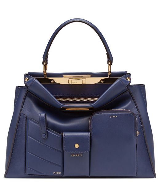 Imitated Fendi Peekaboo Pocket Blue Leather Three Front Pockets Top Handle Two Sides Gold Twist Lock Design Women'S Shoulder Bag