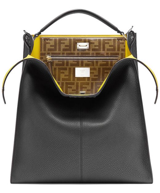 Best Discount Black Leather Yellow Lining FF Pattern Pocket Silver Twist Lock Peekaboo X-Lite—Fake Fendi Women'S Tote Bag