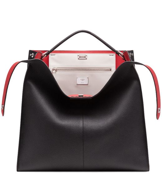 Chic Black Leather Silver Twist Lock Red Interior White Zip Pocket Peekaboo X-Lite—Replica Fendi Top Handle Bag For Female