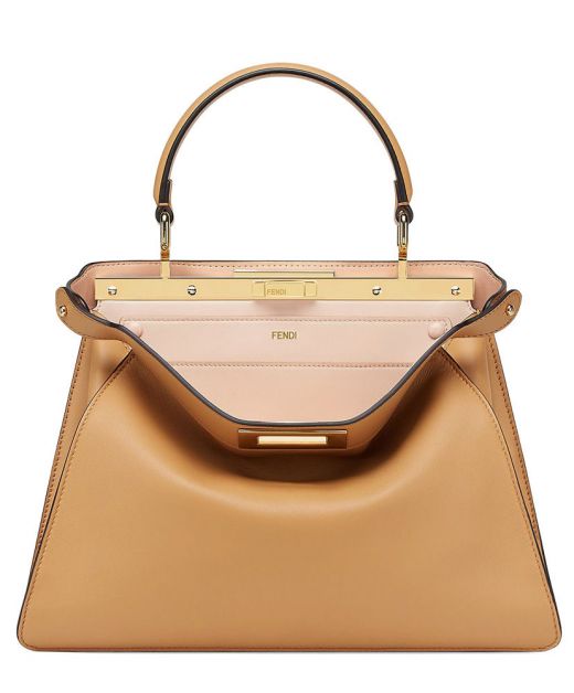 Low Price Beige Leather Top Snap Gold Twist Lock Single Handle Peekaboo Iseeu—Replica Fendi Shoulder Bag For Female