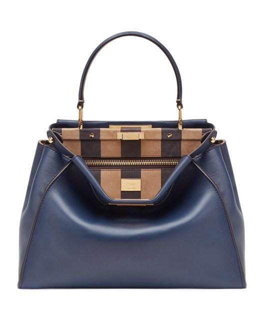 Replica Fendi Peekaboo Iconic Blue Leather Top Handle Gold Twist Lock Design Double Compartment Women's Shoulder Bag