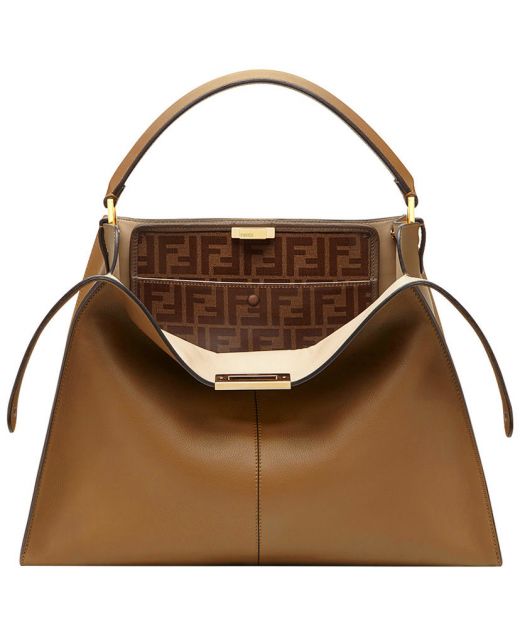 Online Brown Leather Top Handle Gold Twist Lock FF Pattern Compartment Peekaboo X-Lite—Replica Fendi High End Bag