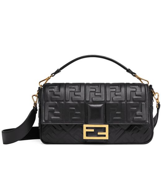 Top Black Leather FF 3D Texture Golden Rectangle Buckle Flap Design Baguette—Imitation Fendi Ladies Bag