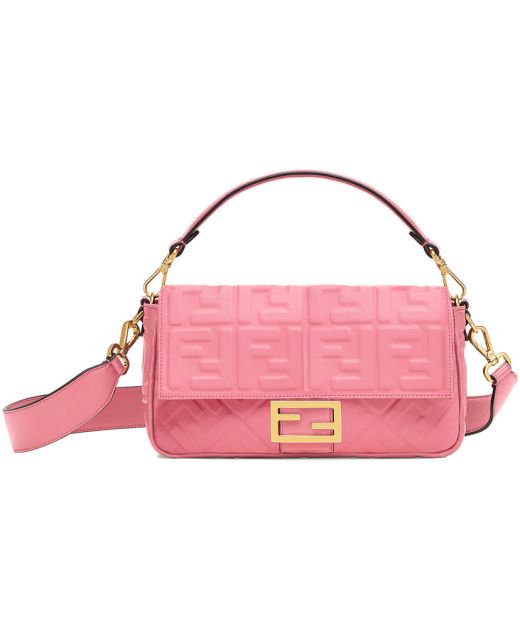 Discounted Pink Lambskin FF 3D Pattern Gold Hardware Magnetic Flap Baguette—Clone Fendi Handbag For Ladies