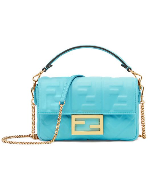 Best Discount Mini Blue Lambskin 3D FF Textured Gold Rectangle Buckle Baguette—Fake Fendi Women'S Chain Bag