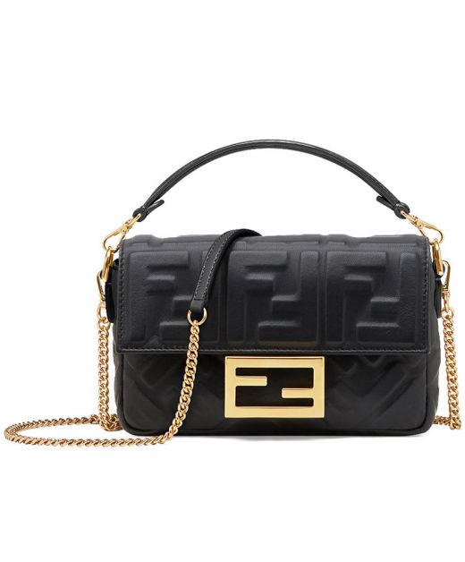 Best Mini Black Leather FF 3D Textured Logo Magnetic Buckle Flap Baguette—Replica Fendi Chain Bag For Women