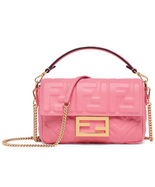 Replica Fendi Baguette Pink Leather FF 3D Texture Pattern Rectangular Magnetic Buckle Flap Design Ladies Mini Chain Bag
