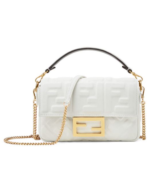 Imitation Fendi Baguette White Leather 3D FF Pattern Flap Closure Removable Chain Strap Handbag For Ladies