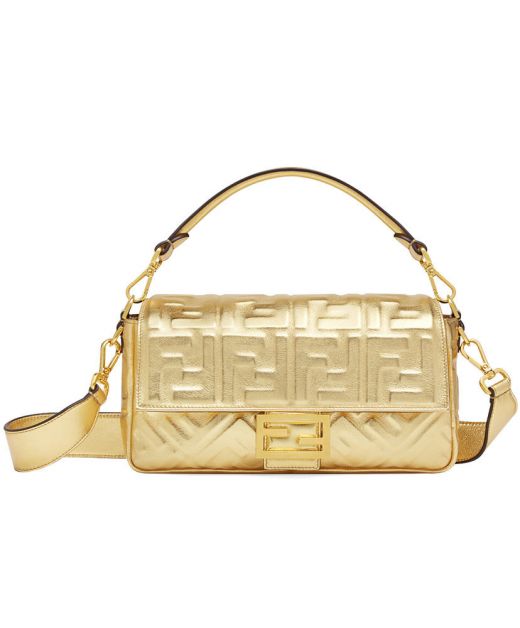 Low Price Mirror Effect Gold Leather Embossed FF Logo Magnetic Flap Baguette—Fake Fendi Ladies Shoulder Bag