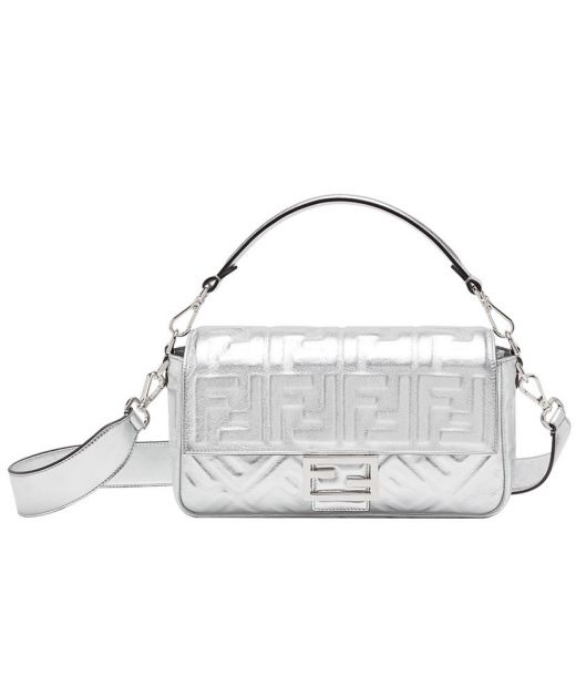 For Sale Silver Leather Embossed FF Pattern Flap Magnetic Buckle Top Handle Baguette—Replica Fendi Bag For Ladies