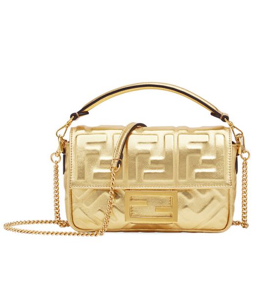 Mini Gold Leather Embossed FF Pattern Top Handle Magnetic Flap Baguette—Replica Fendi Chain Bag For Girls