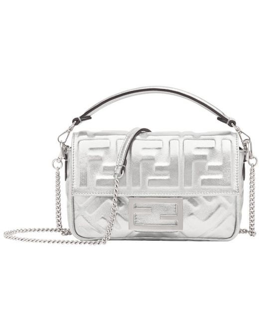 Mini Silver Leather FF Logo Embossed Magnetic Buckle Flap Design Baguette—Clone Fendi Ladies Chain Bag