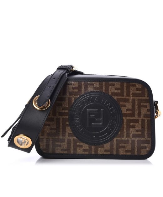 Brown FF Patterned Fabric Black Leather Stamp Patch Zip Closure Round Logo Strap—Imitaed Fendi Women'S Camera Case