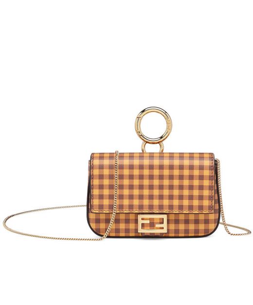 Classic Yellow Brown Check Leather Flap Magnetic Closure Gold Circle Clip Nano Baguette—Copy Fendi Women's Chain Bag