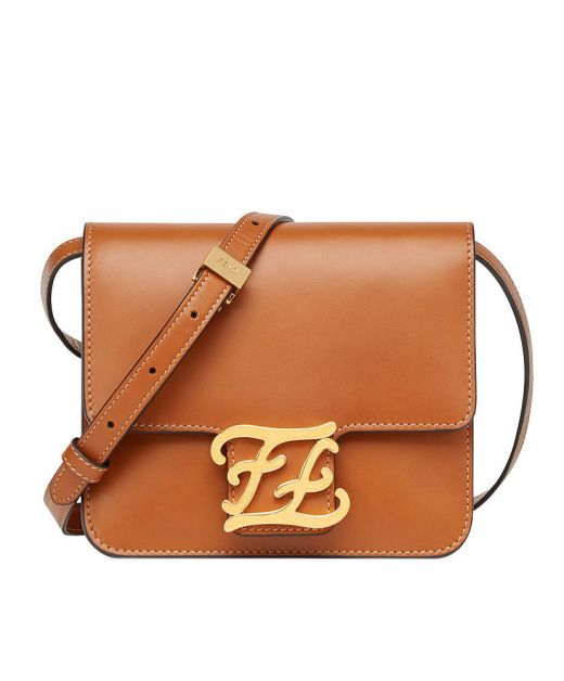 Chic Brown Calfskin Gold Hardware Flap Magnetic Closure FF Logo Karligraphy—Replica Fendi Shoulder Bag For Ladies