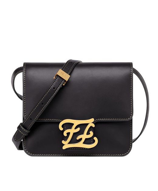 Online Black Leather Flap Design Gold Double F Logo Magnetic Buckle Karligraphy—Fake Fendi Simple Women'S Messenger Bag