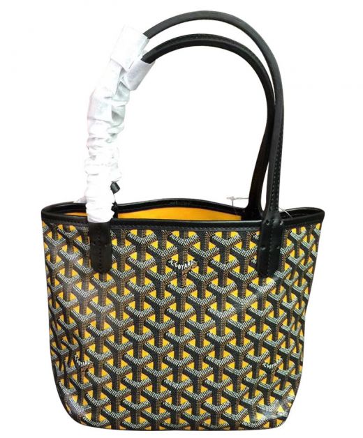 Ladies' Fake Goyard Yellow & Black Goyardine Chevron Canvas Two Top Handles Attached Mini Pochette Open Top Bag
