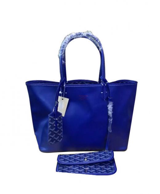 Blue Leather & Herringbone Motif Lining Large Capacity Open Top - Imitation Goyard Medium Size Double-sided Tote Bag For Women