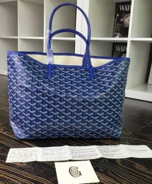 Fashion Blue Fake Goyard St. Louis Thick V-Pattern Canvas Dark Blue Leather Trim Huge Capacity Tote Bag For Women