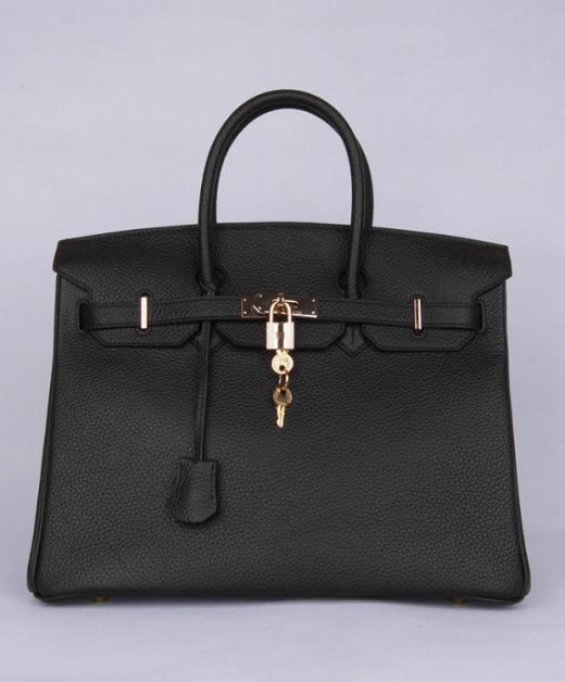 Fashion Birkin 40CM Turn Lock Belt Strap Black Cowhide Leather - Faux Hermes Yellow Gold Hardware Female Double Top Handles Bag