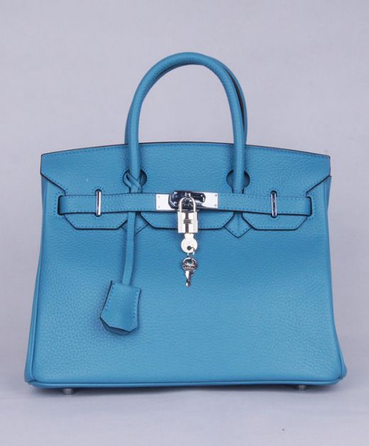 Imitation Hermes Silver Hardware Padlock Detail Fancy Flap Light Blue Cowhide Leather Round Top Handles Bag For Ladies