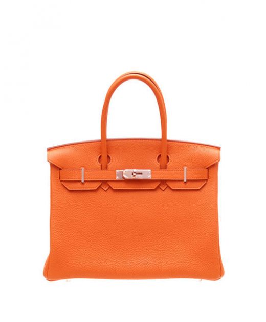 Replica Hermes Birkin 30 Orange Cowhide Leather Silver Hardware Rolled Top Handles Women's Belt Design Flap Bag