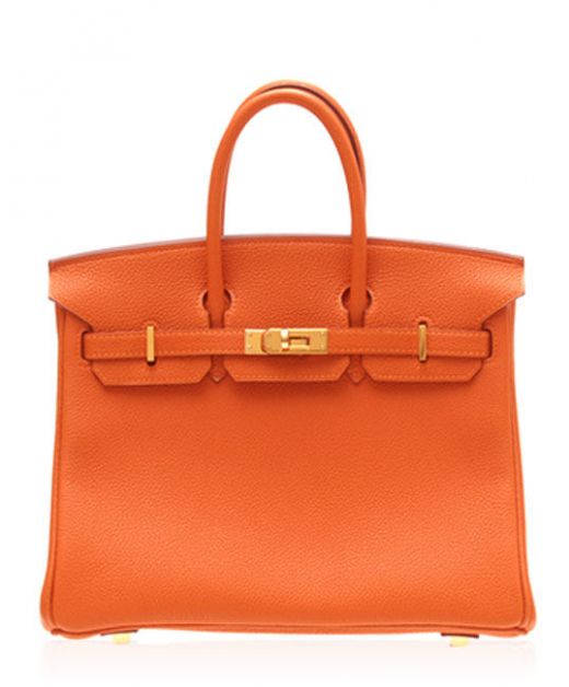 Imitated Hermes Two Round Top Handles Turn Buckle Yellow Gold Hardware Women's Birkin 25 Orange Leather Flap Bag UK