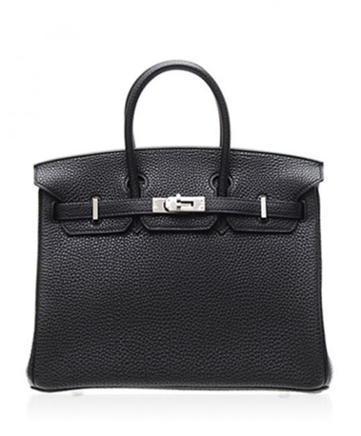 Replica Hermes Birkin 25 Classic Black Grain Cowhide Leather Belt Strap Silver Turn Lock Double Top Handles Women's Handbag