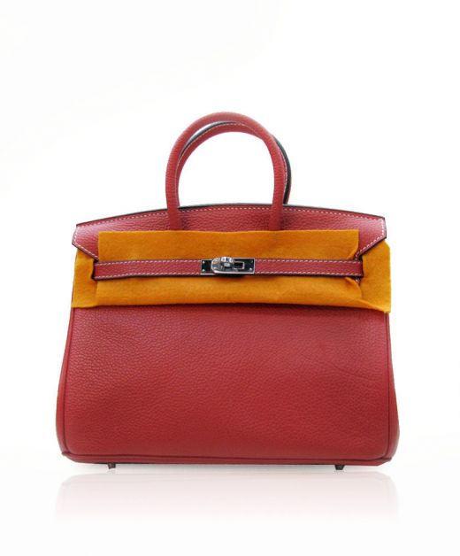 Popular Red Cowhide Leather Silver Tone Hardware Belt Strap Turn Lock Birkin 25 - Imitation Hermes Top Handles Flap Bag For Ladies
