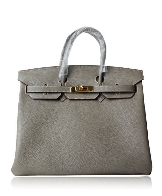 Imitation Hermes Birkin 35 Women's Light Grey Cowhide Leather Yellow Gold Hardware Belt Strap Turn Lock Detail Fancy Flap Tote Bag