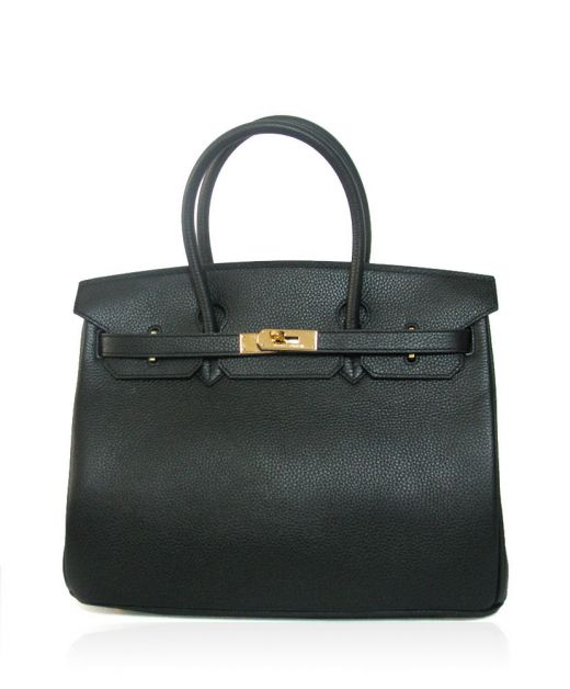 Faux Hermes Birkin 35 Black Cowhide Leather Belt Strap Turn Lock Detail Yellow Gold Hardware Female Flap Bag Online