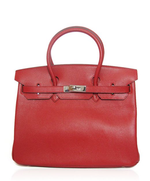 Chic Red Cowhide Leather Silver Hardware Birkin 35CM Round Top Handles - Imitation Hermes Women's Turn Lock Flap Bag