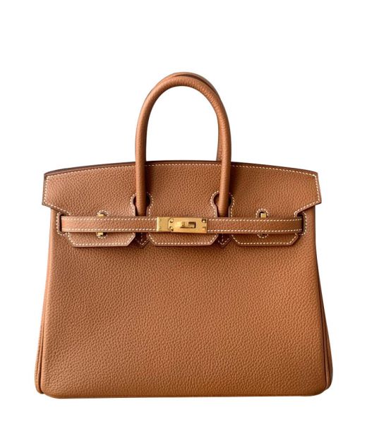 Trendy Yellow Gold Hardware Flap Design Women's Birkin 25 Double Top Handles - Replica Hermes Brown Togo Leather Handbag