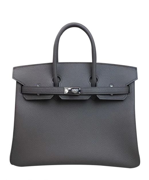 Fashion Birkin 25 Fancy Flap Belt Motif Silver Hardware Grey Togo Leather - Faux Hermes Ladies Turn Buckle Flap Bag