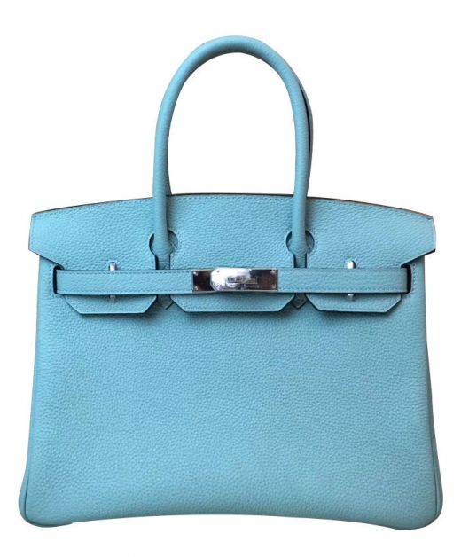 New Style Birkin 30 Sky Blue Togo Leather Silver Turn Lock Petaloid Flap - Replica Hermes Ladies Belt Strap Tote Bag For Sale