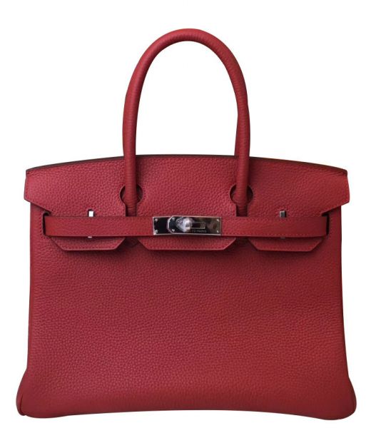 Hot Selling Birkin 30 Silver Hardware Double Round Top Handles Belt Strap Detail - Copy Hermes Women's Red Togo Leather Turn Lock Bag