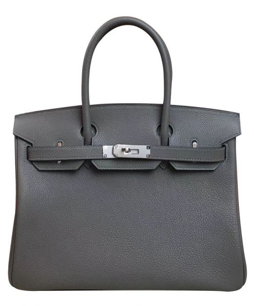 Top Sale Birkin 35 Dark Grey Togo Leather Double Round Top Handles Belt Strap - Replica Hermes Silver Tone Hardware Women's Flap Bag