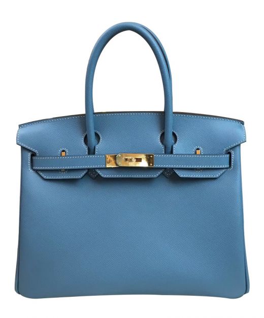Trendy Design Light Blue Epsom Leather Yellow Gold Plated Hardware Fancy Flap - Replica Hermes Birkin 30 Women's Tote Bag