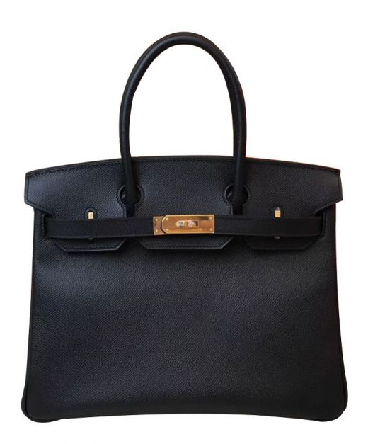 Classic Design Birkin 30 Black Epsom Leather Yellow Gold Hardware - Faux Hermes Round Top Handles Women's Flap Bag