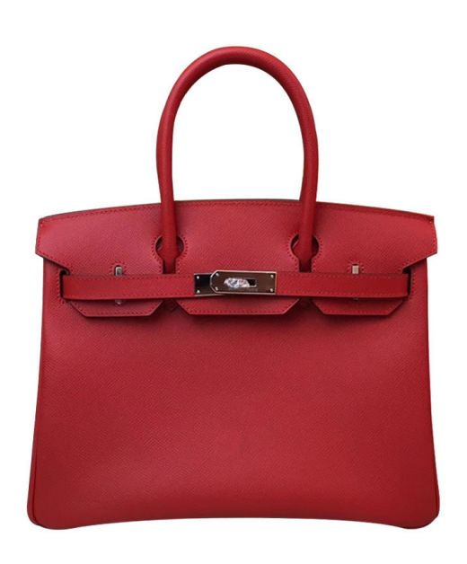 Imitation Hermes Birkin 30 Silver Tone Turn Lock Belt Strap Female Fancy Flap Round Top Handles Red Epsom Leather Tote Bag