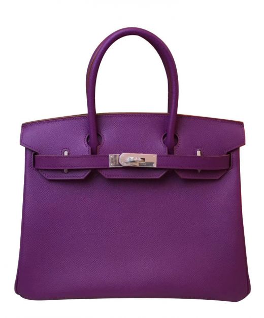 Faux Hermes Birkin 30 Purple Epsom Leather Silver Hardware Women's Belt Strap Closure Double Round Handles Flap Bag