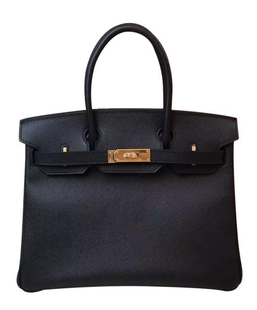 Classic Black Epsom Leather Female Birkin 30 Yellow Gold Plated Hardware Belt Strap - Fake Hermes Fancy Flap Tote Bag