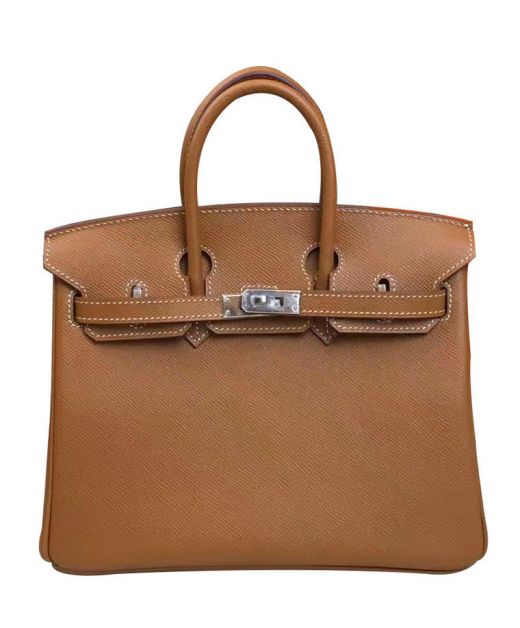 Imitated Hermes Birkin 25 Brown Epsom Leather Silver Tone Turn Buckle Double Top Handles Women's Flap Bag UK